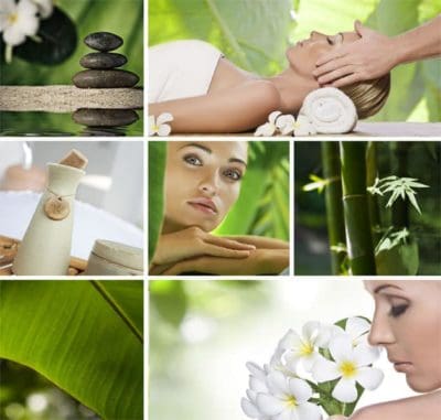 Stacked warm stones, massage oil. women enjoying massage and spa treatments in green setting