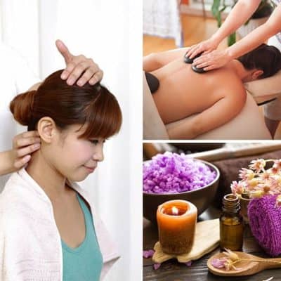 Holistic Therapies collage of three images for holistic massage, Indian Head Massage and Aromatherapy