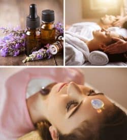 Woman receiving massage collage with lavender essential oils