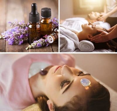 Woman receiving massage collage with lavender essential oils